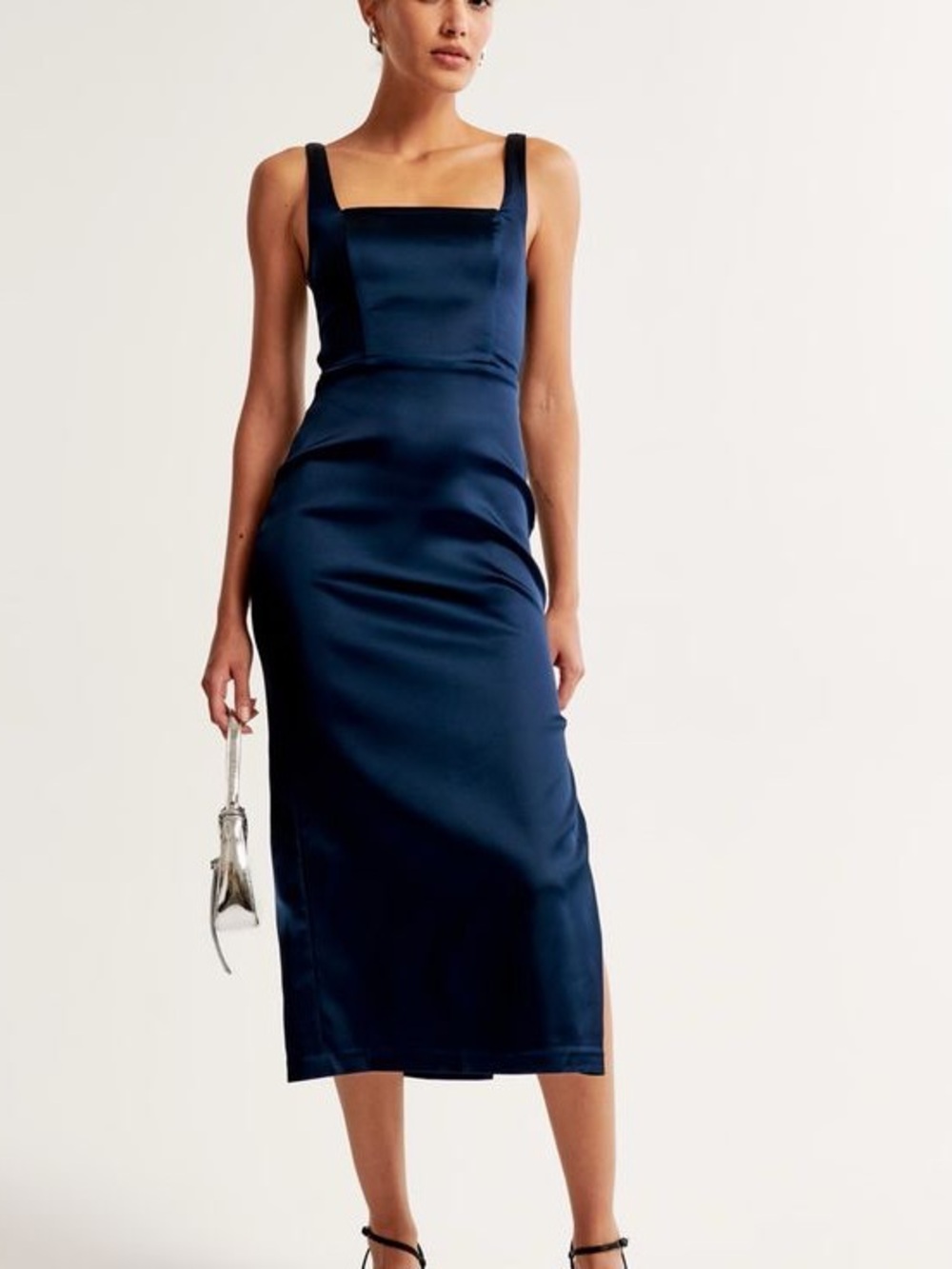 Abercrombie + Fitch Satin Square-Neck Midi Dress in Deep Navy